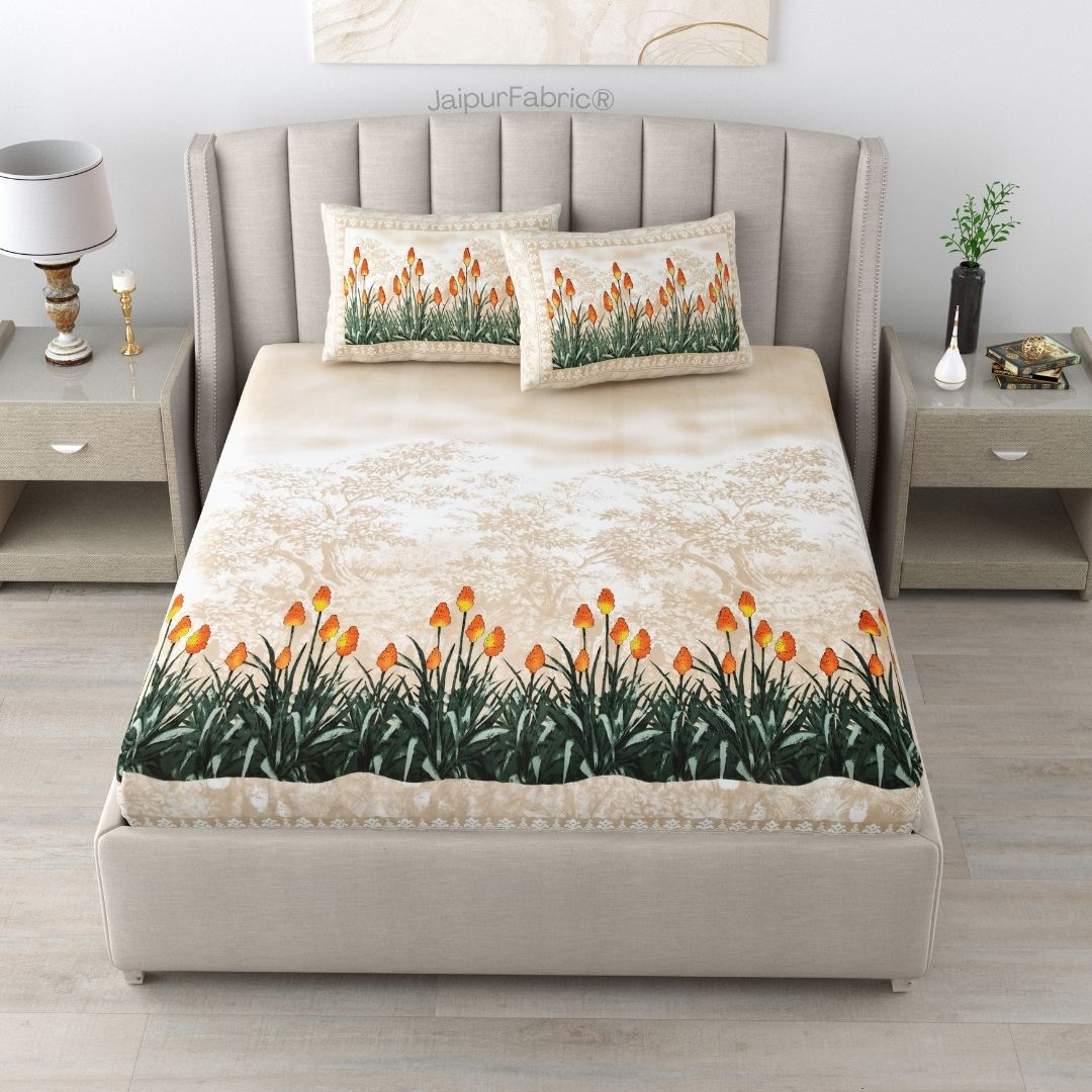 Blossom Sunset Beige Pure Cotton Double Bedsheet