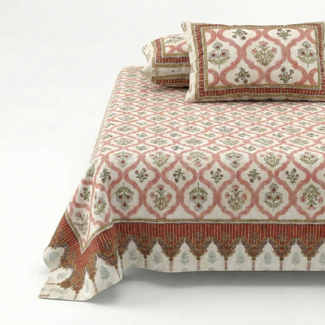 Timeless Red Floral Block Print Pure Cotton Double Bedsheet