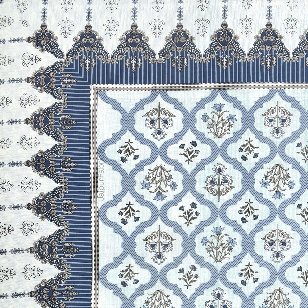 Timeless Elegant Blue Floral Block Print Pure Cotton Double Bedsheet