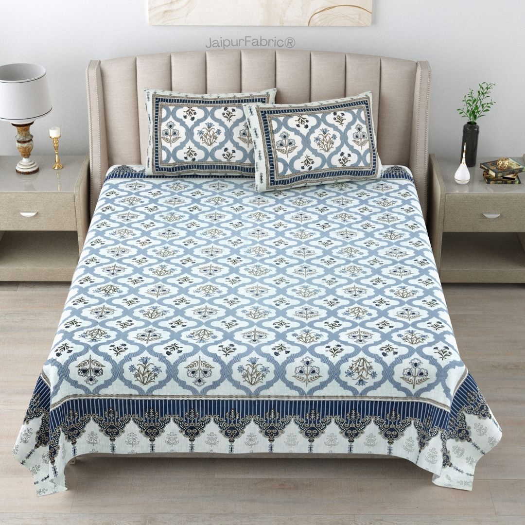 Timeless Elegant Blue Floral Block Print Pure Cotton Double Bedsheet