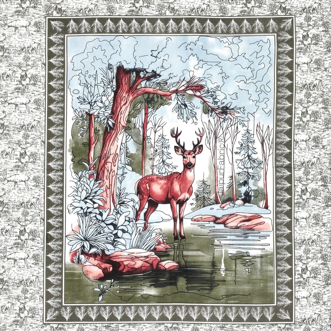 Wine Red Fawn of Fortune Pure Cotton Olive Green Forest Themed Double Bed Sheet