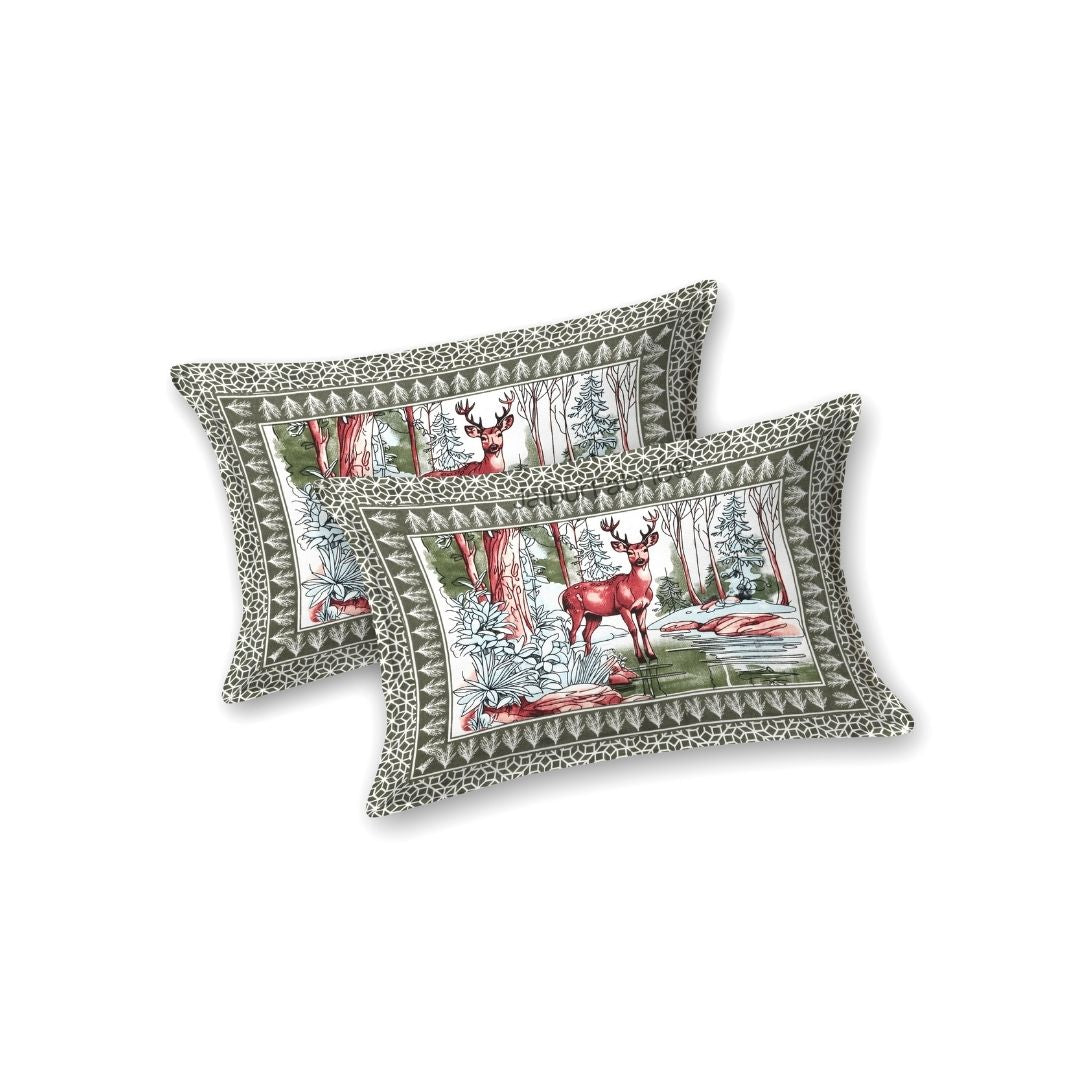 Wine Red Fawn of Fortune Pure Cotton Olive Green Forest Themed Double Bed Sheet