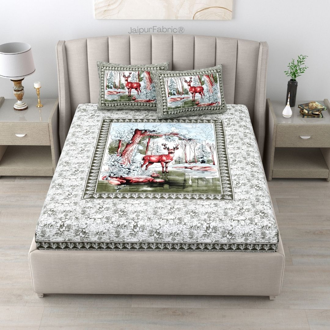 Wine Red Fawn of Fortune Pure Cotton Olive Green Forest Themed Double Bed Sheet