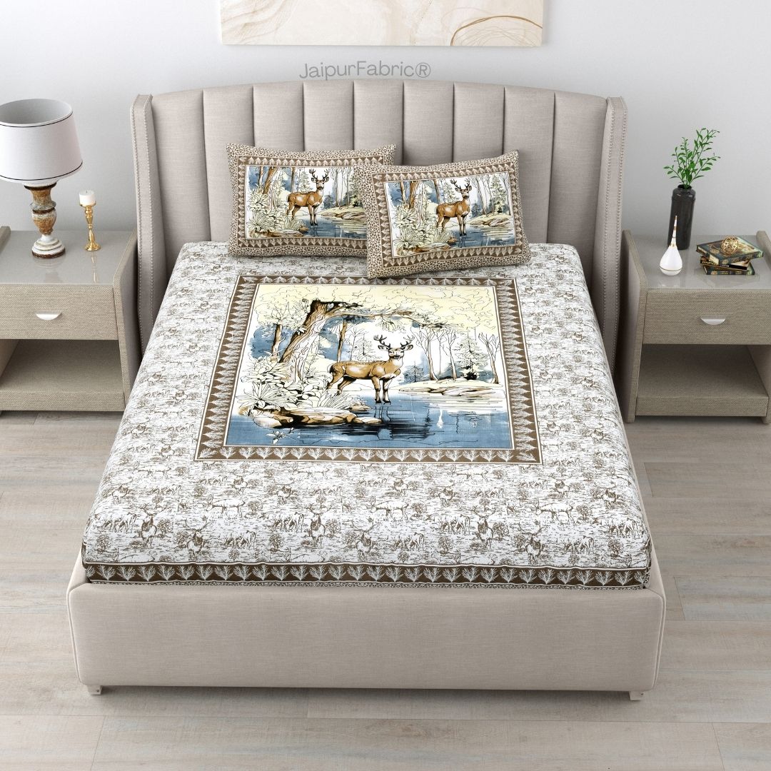 Sandy Brown Fawn of Fortune Pure Cotton Forest Themed Double Bed Sheet