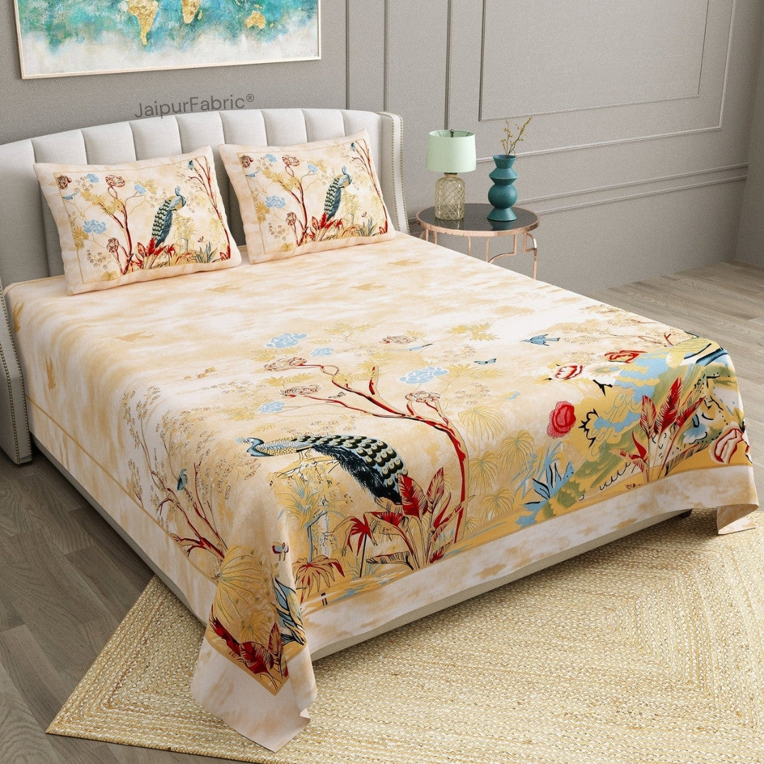 Mayur Mahal Peacock Sunehri Beige Bedsheet