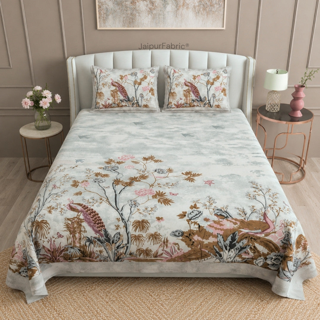 Mayur Mahal Peacock Pearl Grey Bedsheet