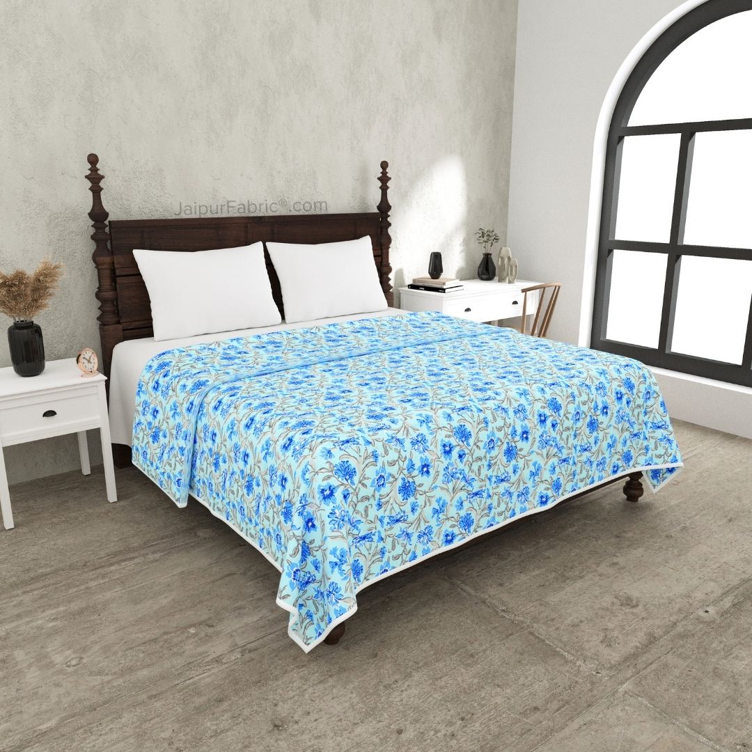 Botanica Sky Blue Combo of Pure Cotton Double Bedsheet and Double Bed Dohar