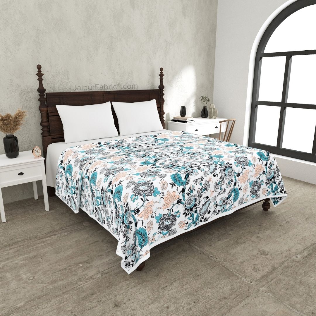 Pure Cotton Double Bed Dohar Anokhi Print – Mayura Floral Black & Teal