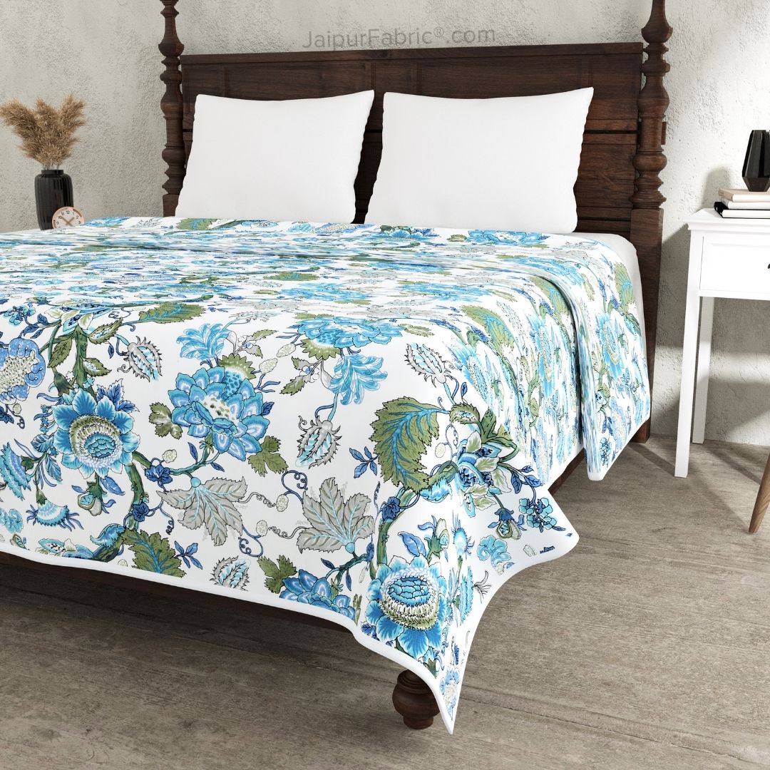 Botanica Blue Green Combo of Pure Cotton Double Bedsheet and Double Bed Dohar