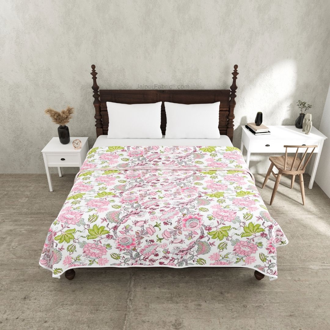 Pure Cotton Double Bed Dohar Anokhi Print – Mayura Floral Pink & Green