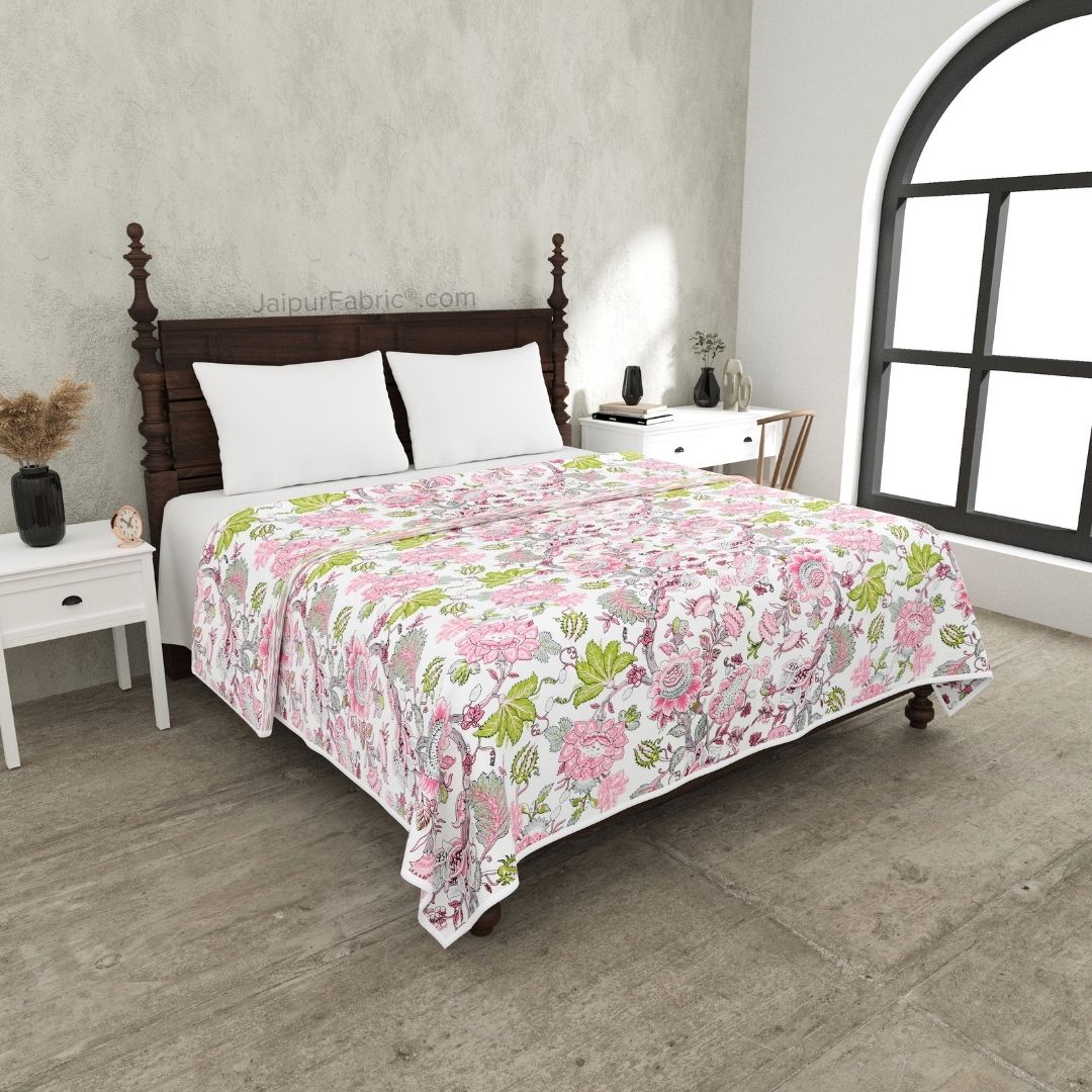 Pure Cotton Double Bed Dohar Anokhi Print – Mayura Floral Pink & Green