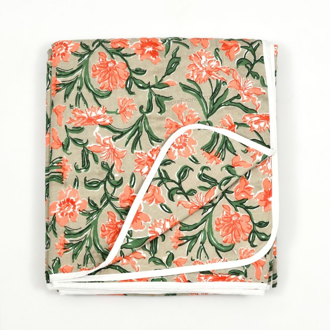 Pure Cotton Double Bed Dohar Anokhi Print – Kesariya Bloom Orange & Green