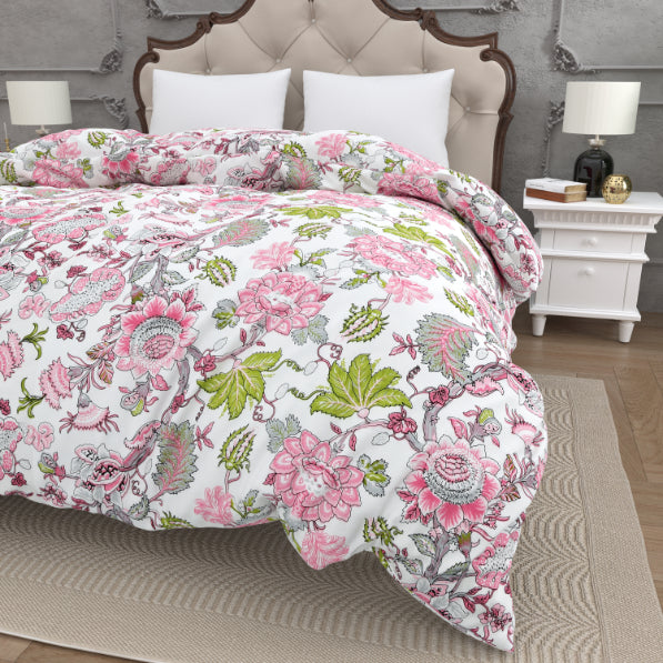 Vibrant Pink Floral Print with Geometric Border Double Bed Reversible Quilt Comforter