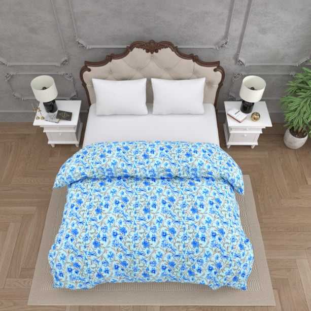 Oceanic Blue Floral Double Bed Reversible Quilt Comforter