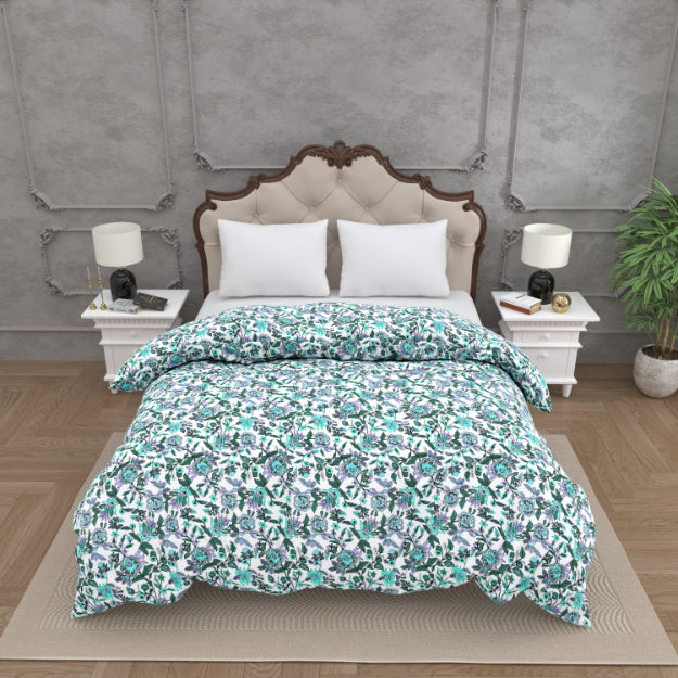 Cool Tone Purple & Teal Floral Print Double Bed Reversible Quilt Comforter
