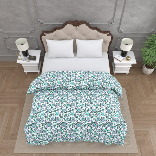 Cool Tone Purple & Teal Floral Print Double Bed Reversible Quilt Comforter