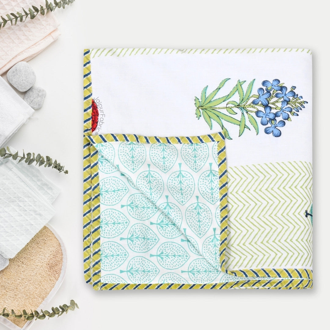 Tropical Myst Block Print 400 TC Pure Premium MulMul Cotton Single Bed Dohar