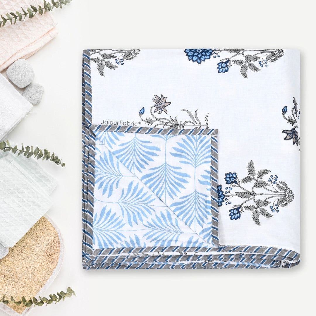 Elegance Azure Block Print 400 TC Pure Premium MulMul Cotton Single Bed Dohar