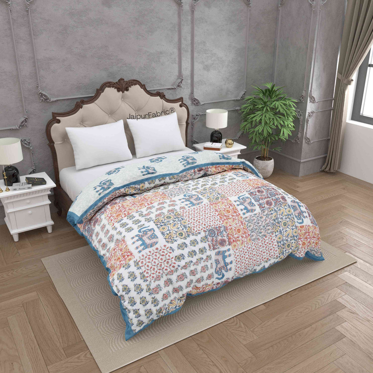 Reversible Patchwork Elephant Print with Intricate Floral Design Double Sided Quilt Rajai