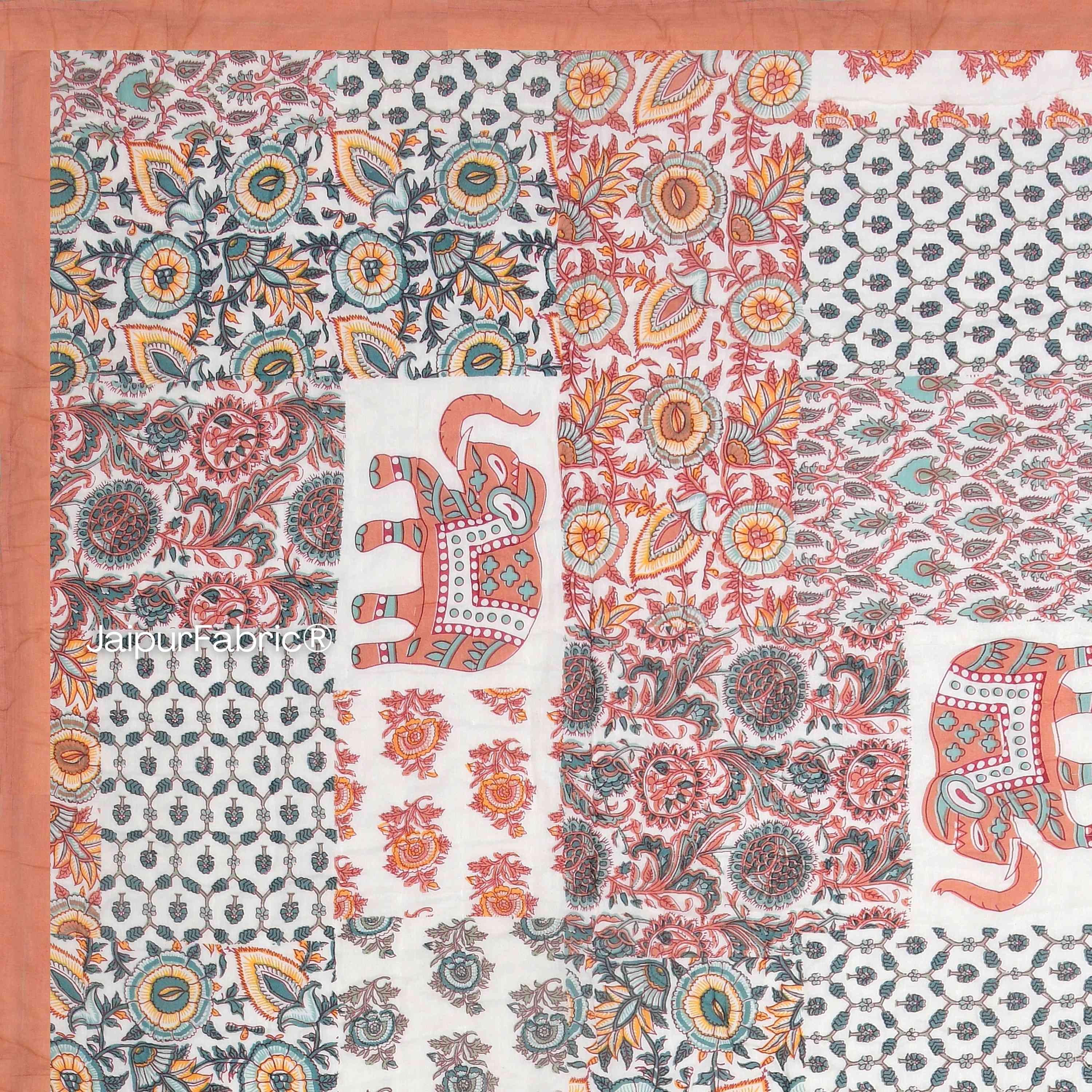 Reversible Patchwork Elephant Print Peach with Intricate Floral Design Double Sided Quilt Rajai