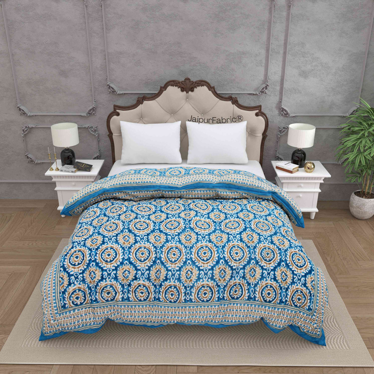 Peacock Elegance Reversible Vibrant Blue & Beige Motifs Double Bed Quilt Rajai