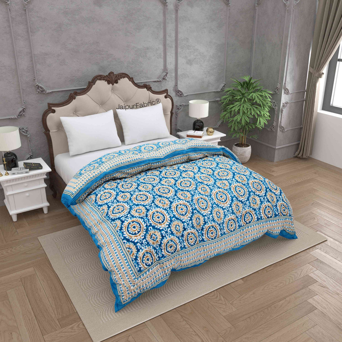 Peacock Elegance Reversible Vibrant Blue & Beige Motifs Double Bed Quilt Rajai