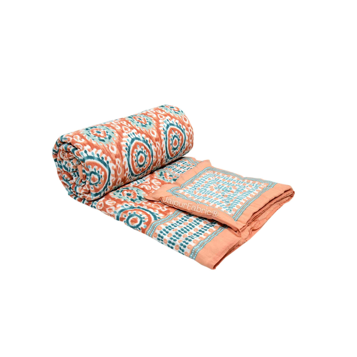 Peacock Elegance Reversible Vibrant Peach & Teal Motifs Double Bed Quilt Rajai