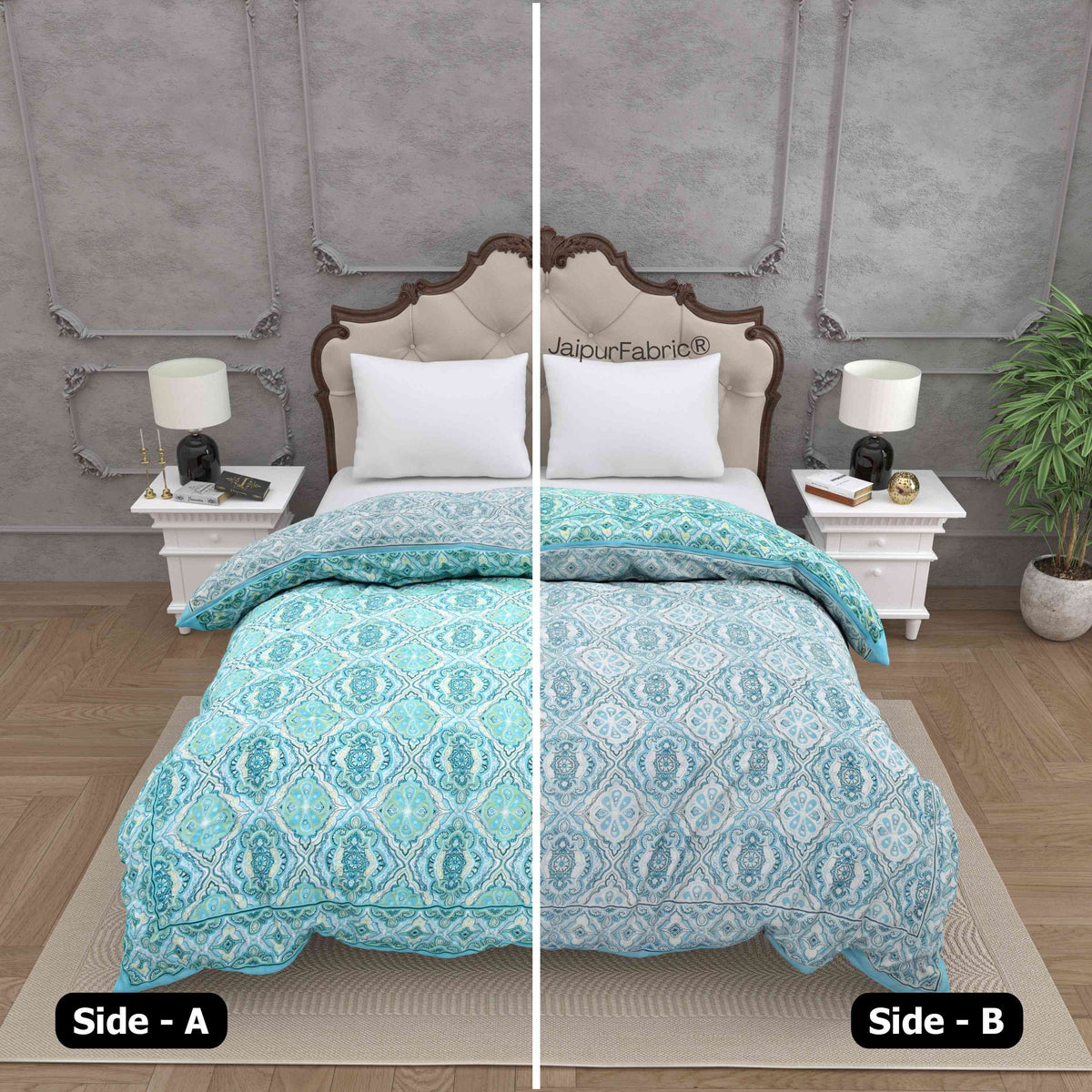 Reversible Quilt Rajai with Turquoise Medallion Dual-Design Print for Stylish Bedrooms
