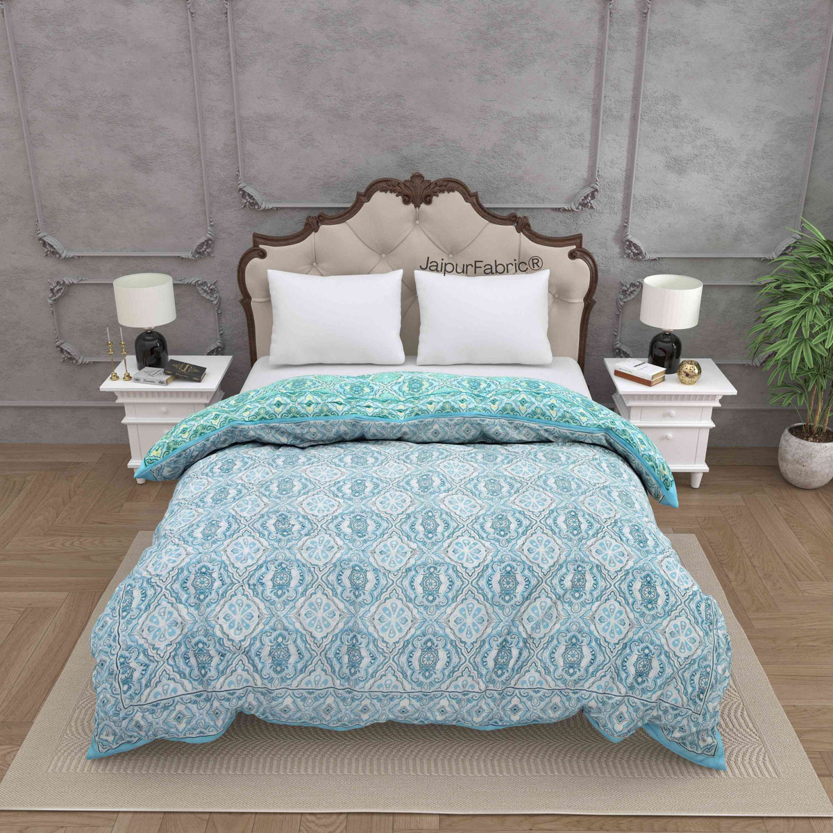 Reversible Quilt Rajai with Turquoise Medallion Dual-Design Print for Stylish Bedrooms