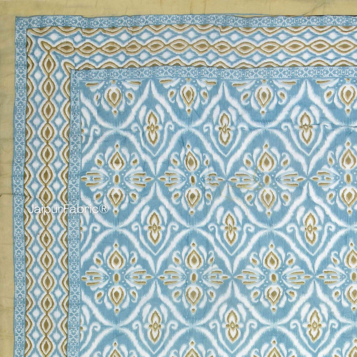 Turquoise Medallion Reversible Double Bed Quilt Rajai with Ornate Geometric Charms Design