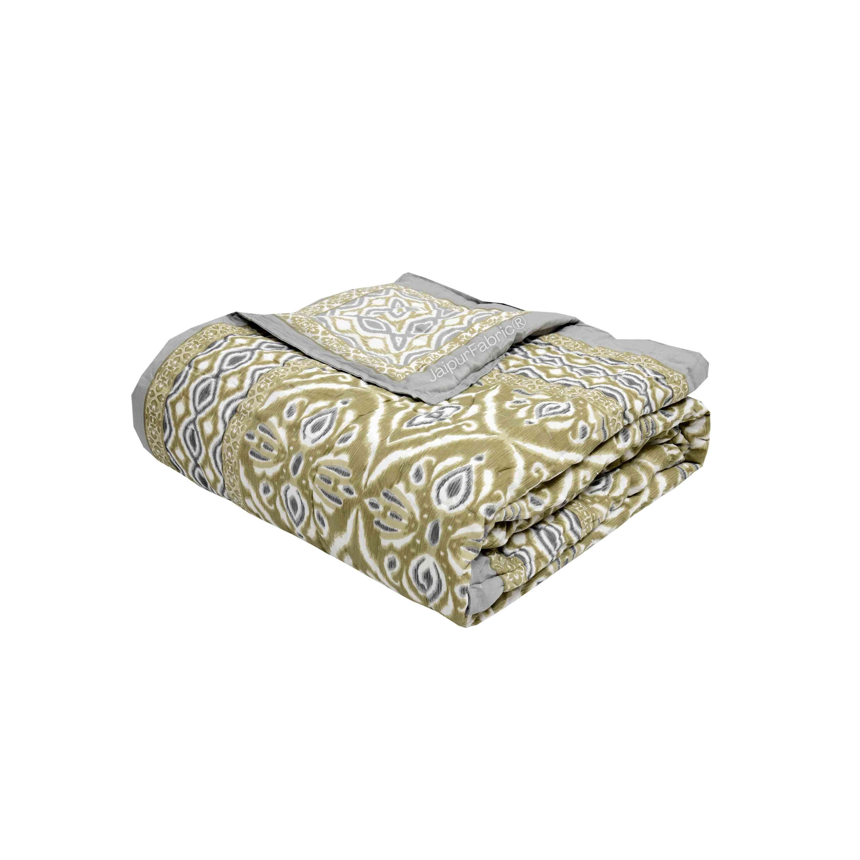 Saffron Splendor Reversible Double Bed Quilt Rajai with Ornate Geometric Charms Design