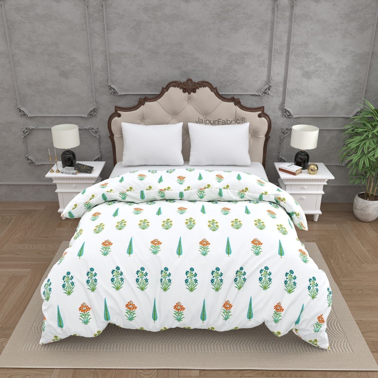 Jaipur Mela Hand Block Printed Sea Green Trees and Flowers Double Bed Comforter