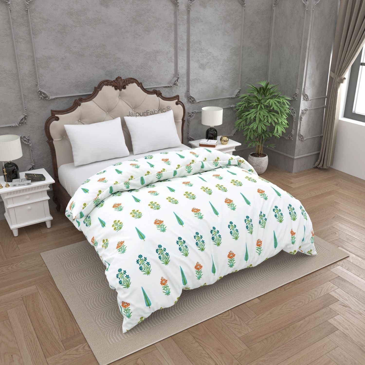Jaipur Mela Hand Block Printed Sea Green Trees and Flowers Double Bed Comforter