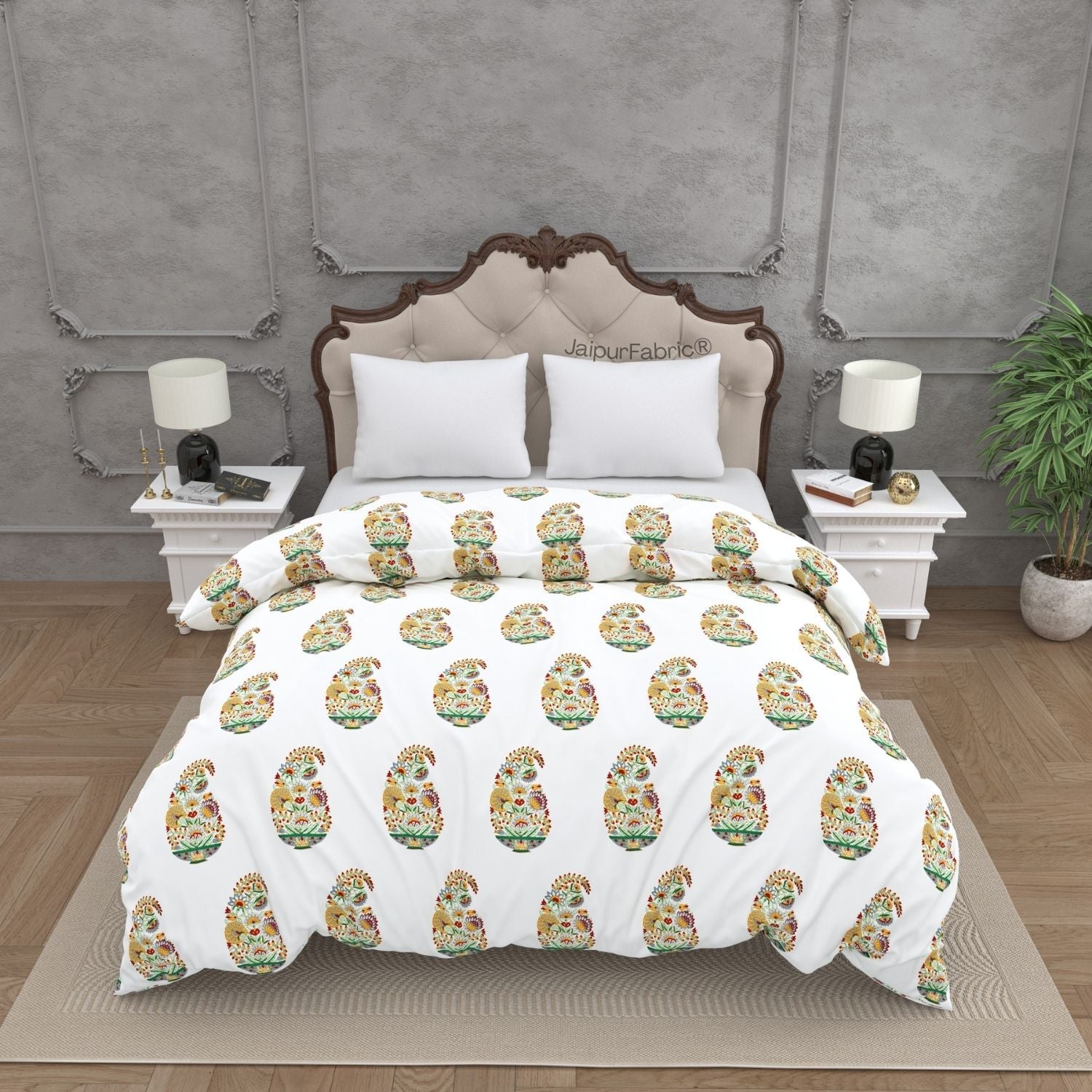 Hand Block Printed Double Bed Quilt Floral Valley Bunai Pattern Indian Kairi Design Double Bed Comforter