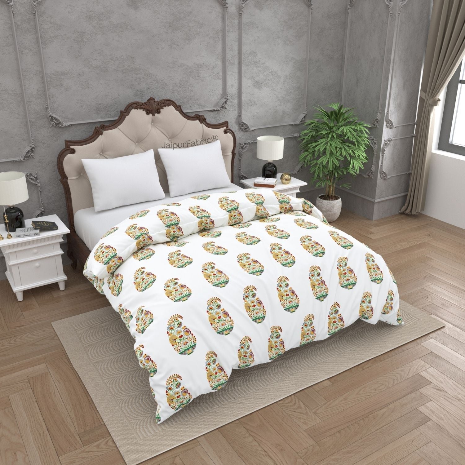 Hand Block Printed Double Bed Quilt Floral Valley Bunai Pattern Indian Kairi Design Double Bed Comforter