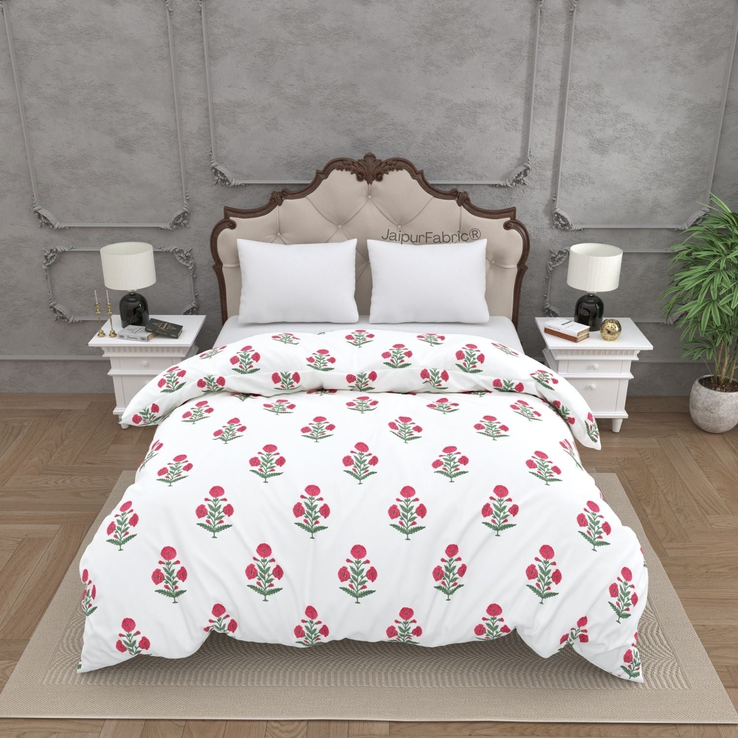 Ocean Enclave Handblock Red Flowers and Green Leaves Double Bed Comforter