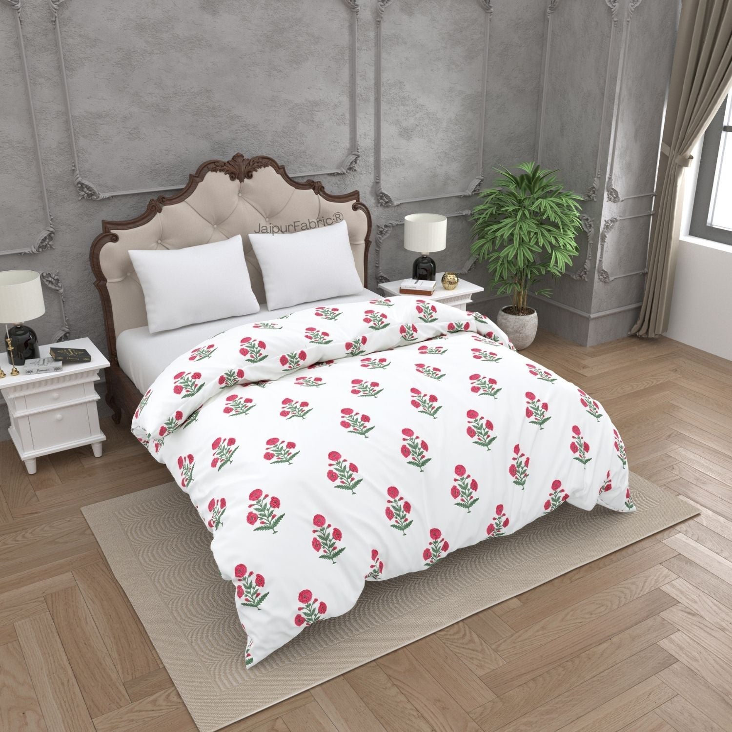 Ocean Enclave Handblock Red Flowers and Green Leaves Double Bed Comforter