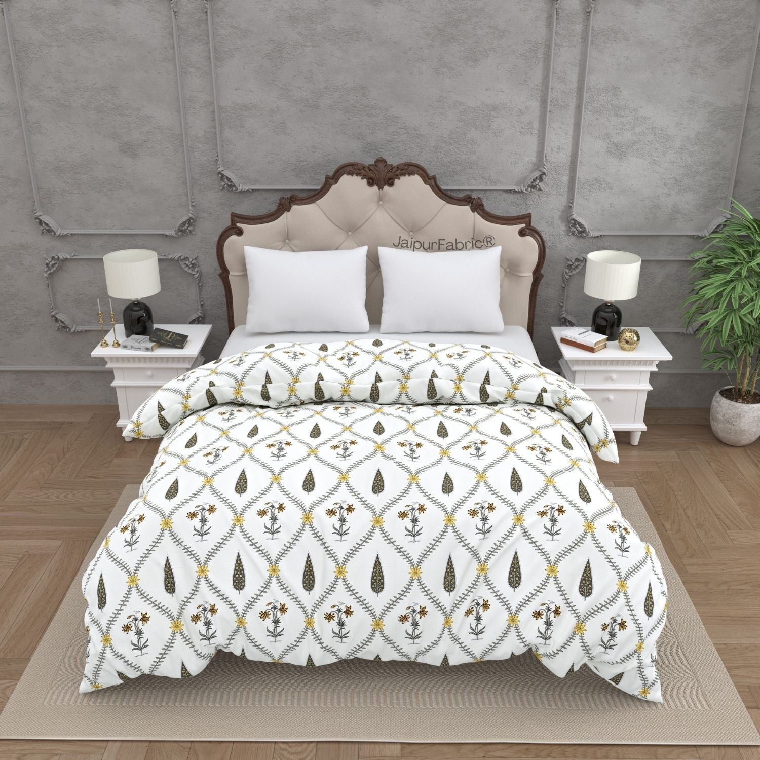 Beautiful Yellow & Grey Pookalam Floral Symphony Rihaa Handblock Printed Double Bed Comforter