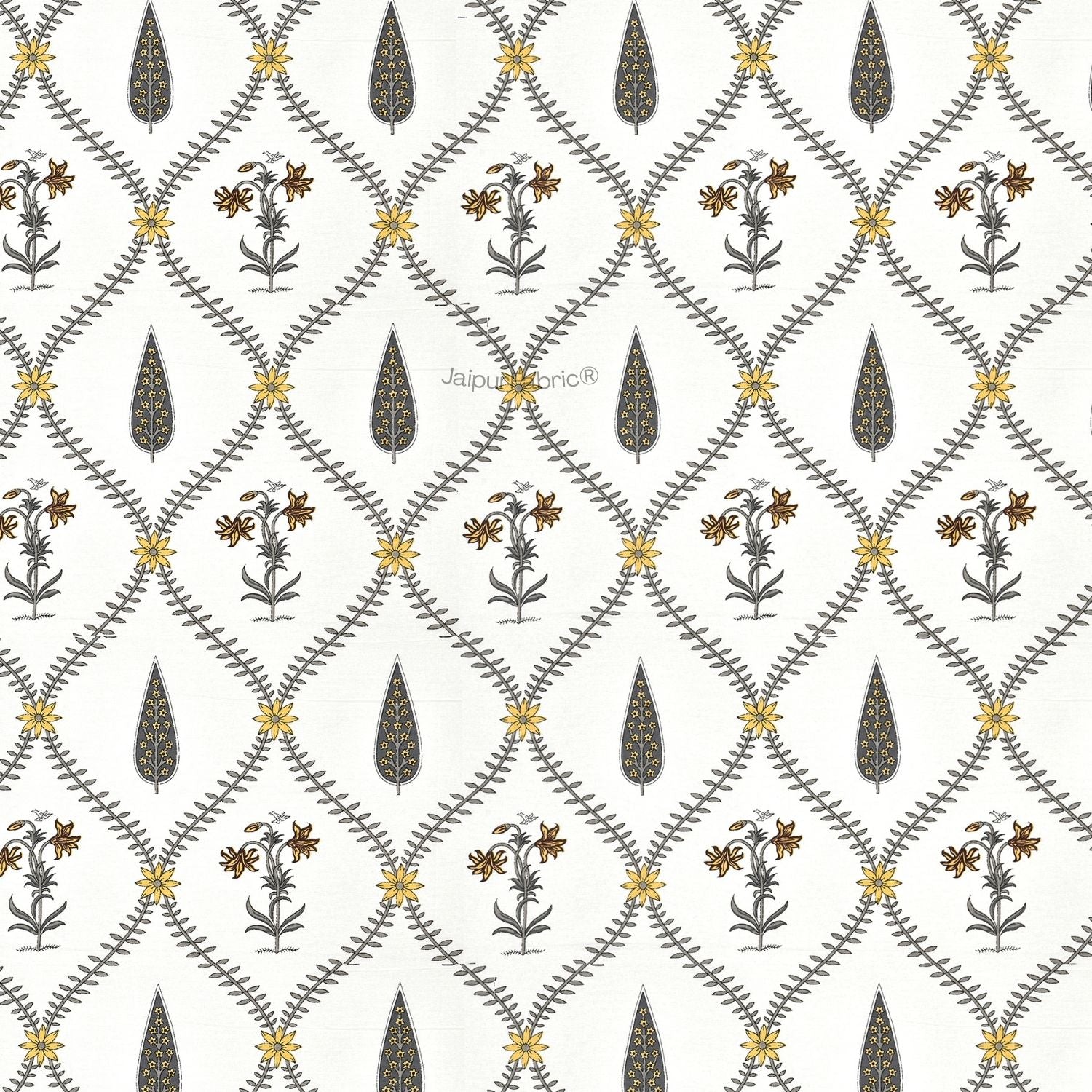 Beautiful Yellow & Grey Pookalam Floral Symphony Rihaa Handblock Printed Double Bed Comforter
