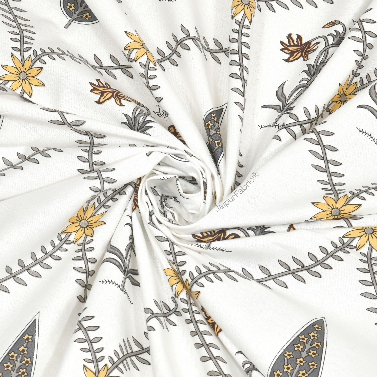 Beautiful Yellow & Grey Pookalam Floral Symphony Rihaa Handblock Printed Double Bed Comforter