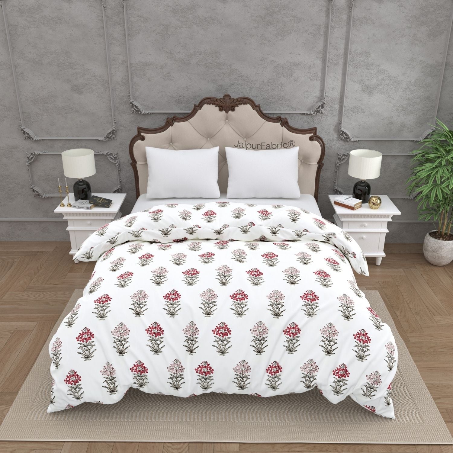 Jaipur Garden Hand Block Printed Red and Pink Floral Double Bed Comforter