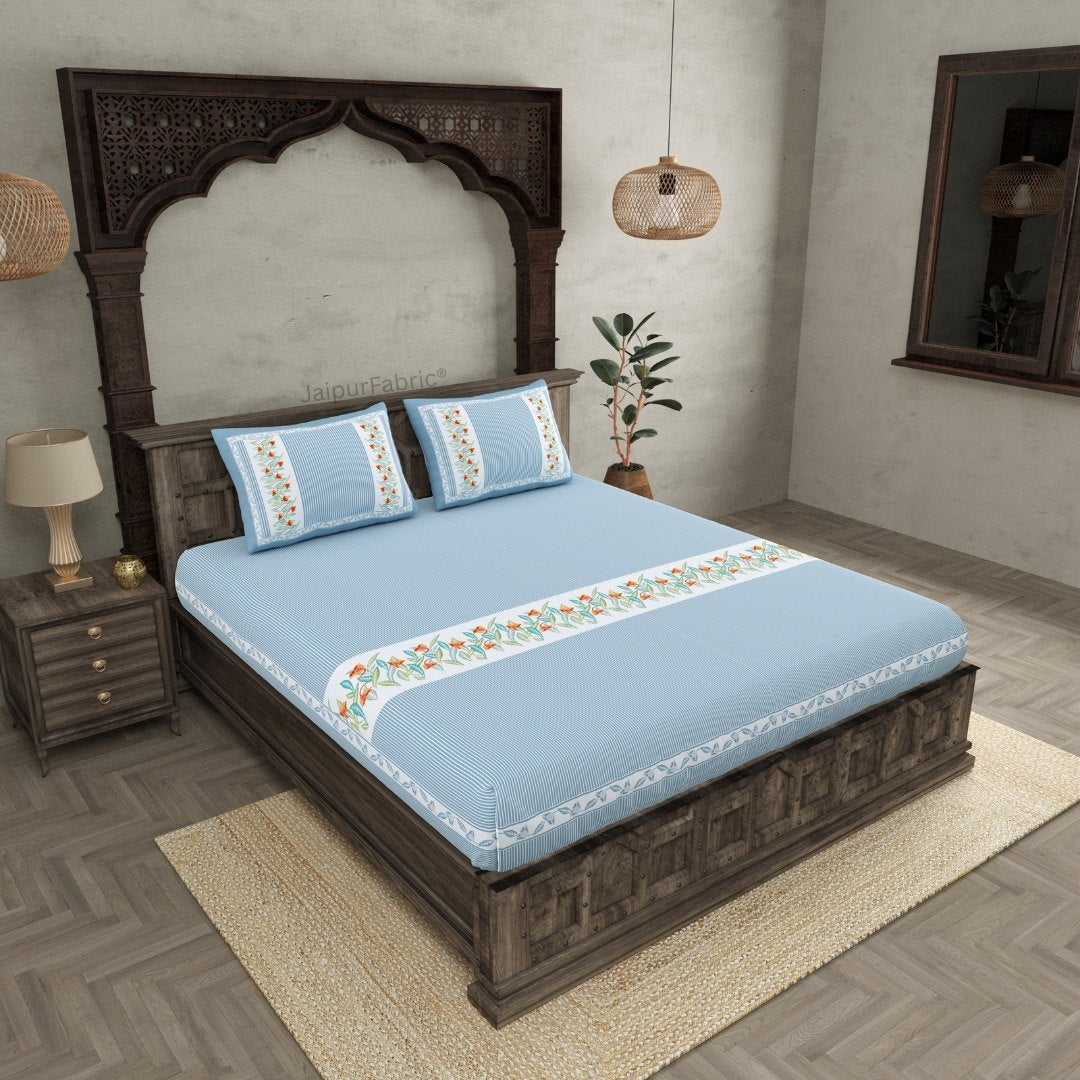 Blue Eco Friendly Pure Cotton Fitted BedSheet
