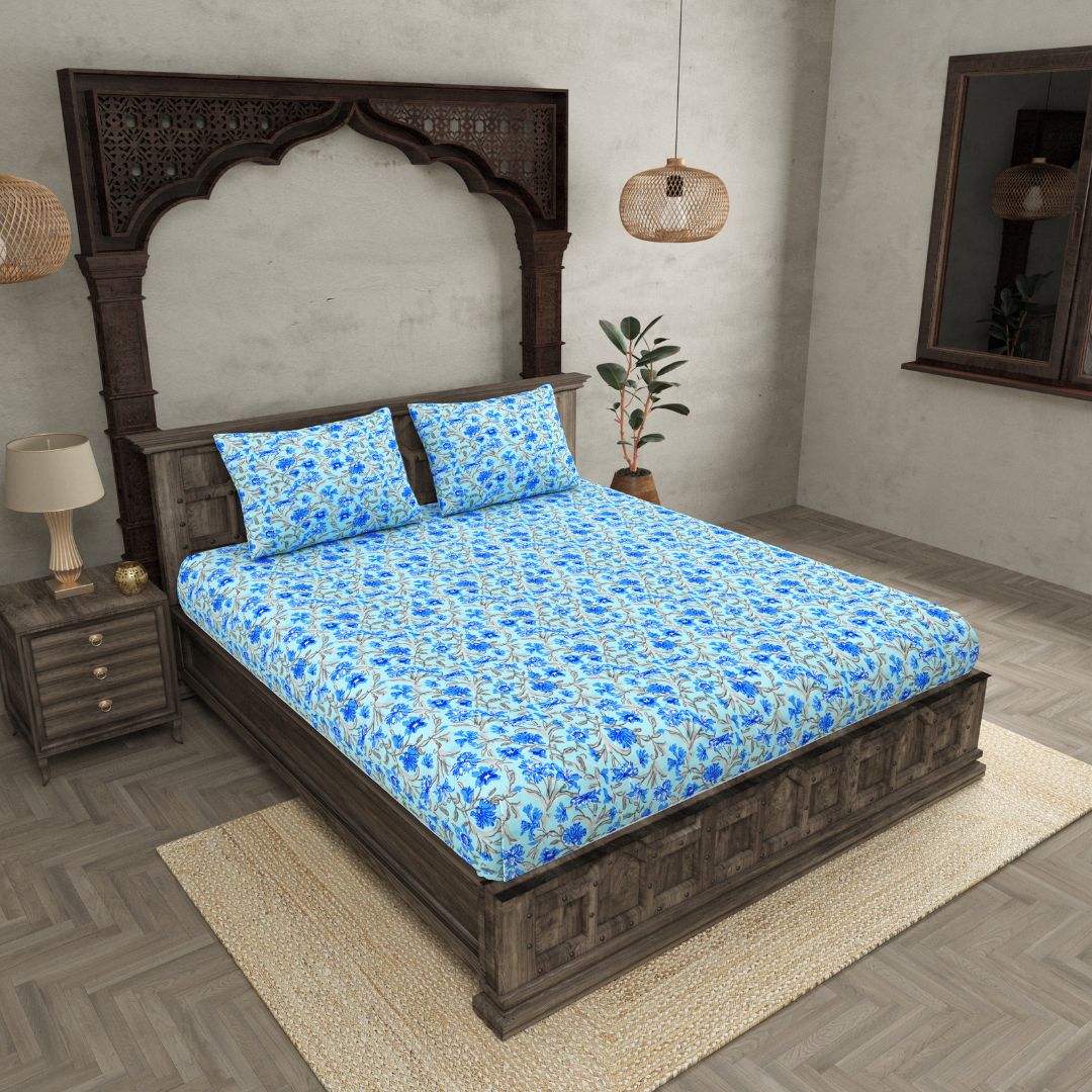 Sky Blue Floral Vine Cotton Fitted Bedsheet