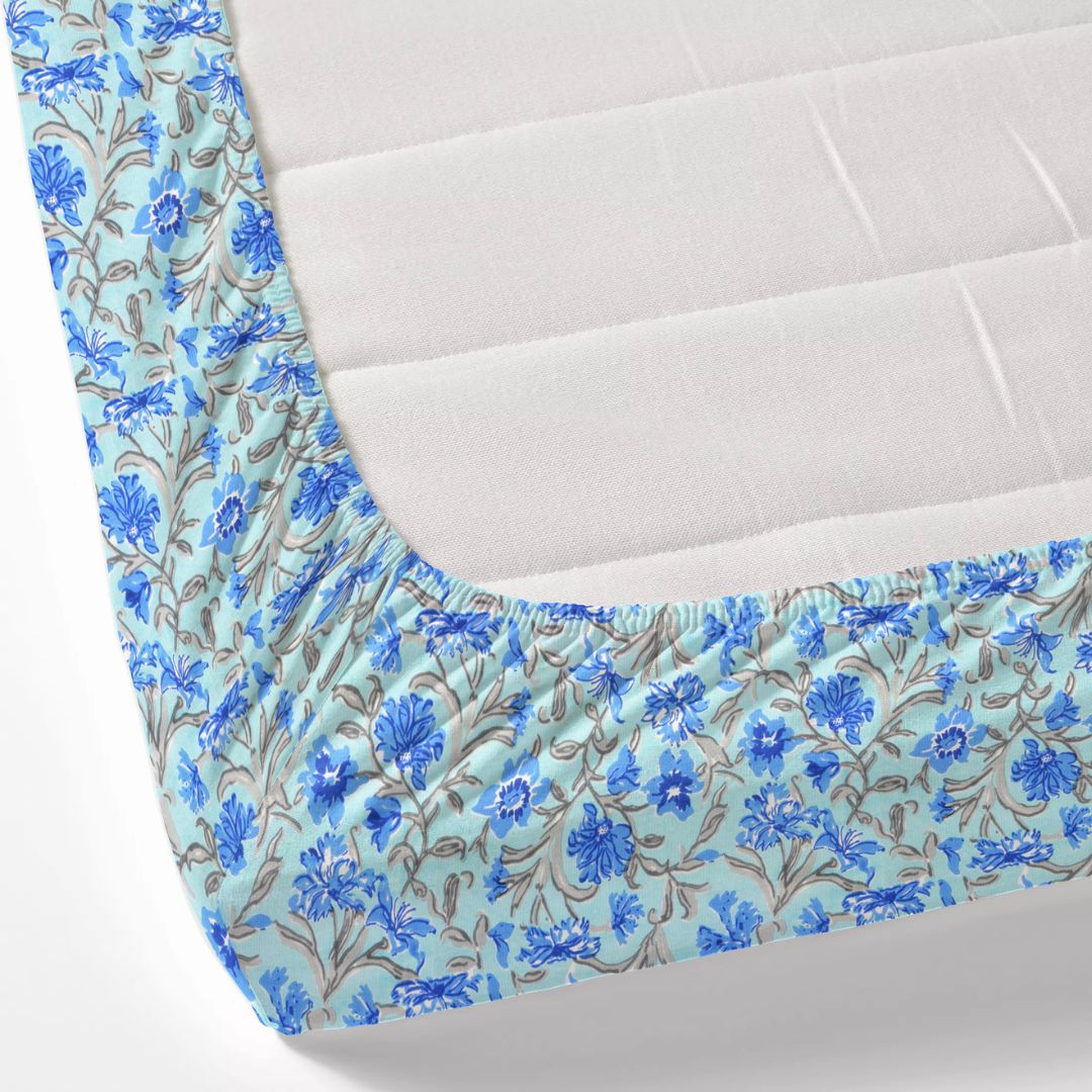 Sky Blue Floral Vine Cotton Fitted Bedsheet