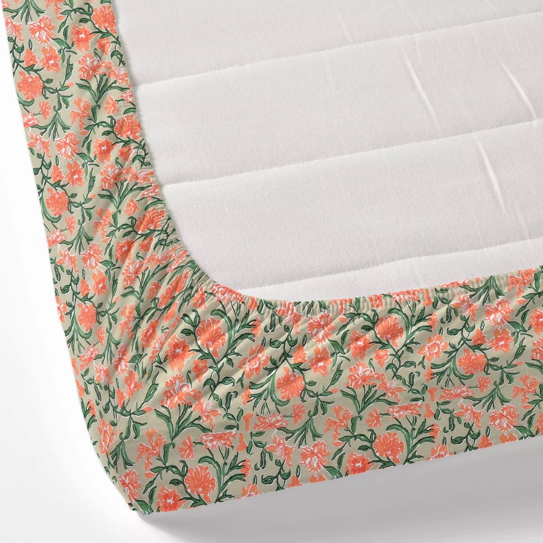 Coral Orange Floral Vine Cotton Fitted Bedsheet