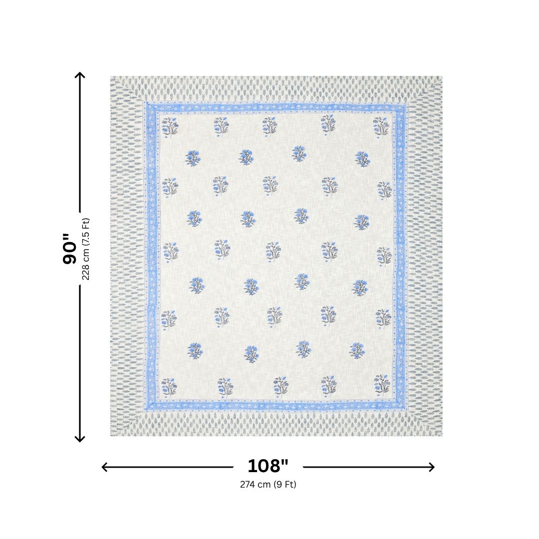 Blue Floral Block Print Double Bed Cover Set in TNT Fabric (Textured Natural Touch)