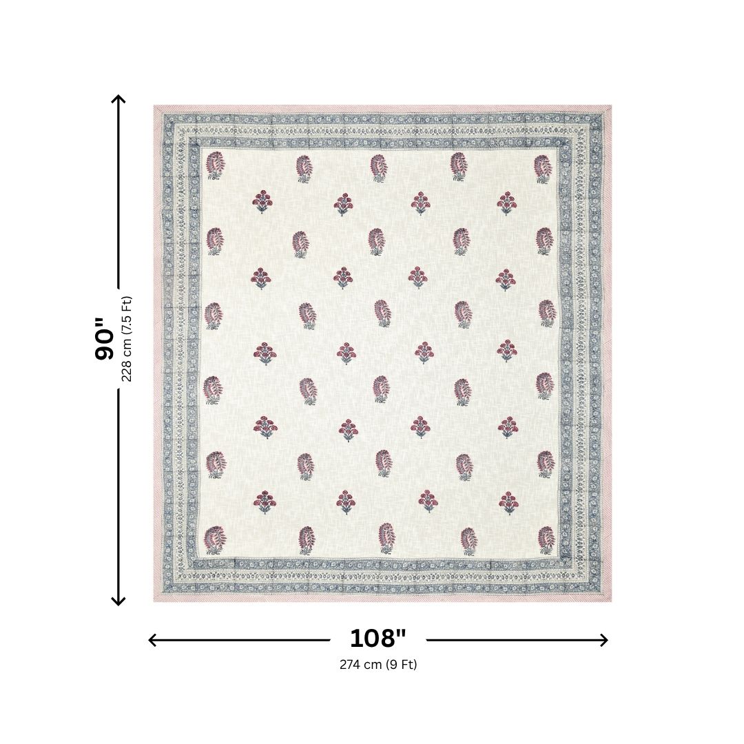 Pink & Blue Paisley Block Print Double Bed Cover Set in TNT Fabric (Textured Natural Touch)