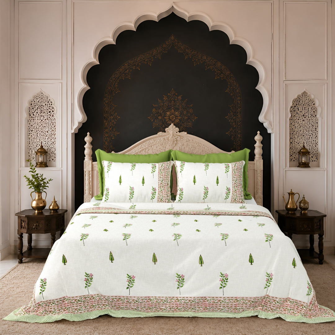 Green & Pink Botanical Block Print Double Bed Cover Set in TNT Fabric (Textured Natural Touch)