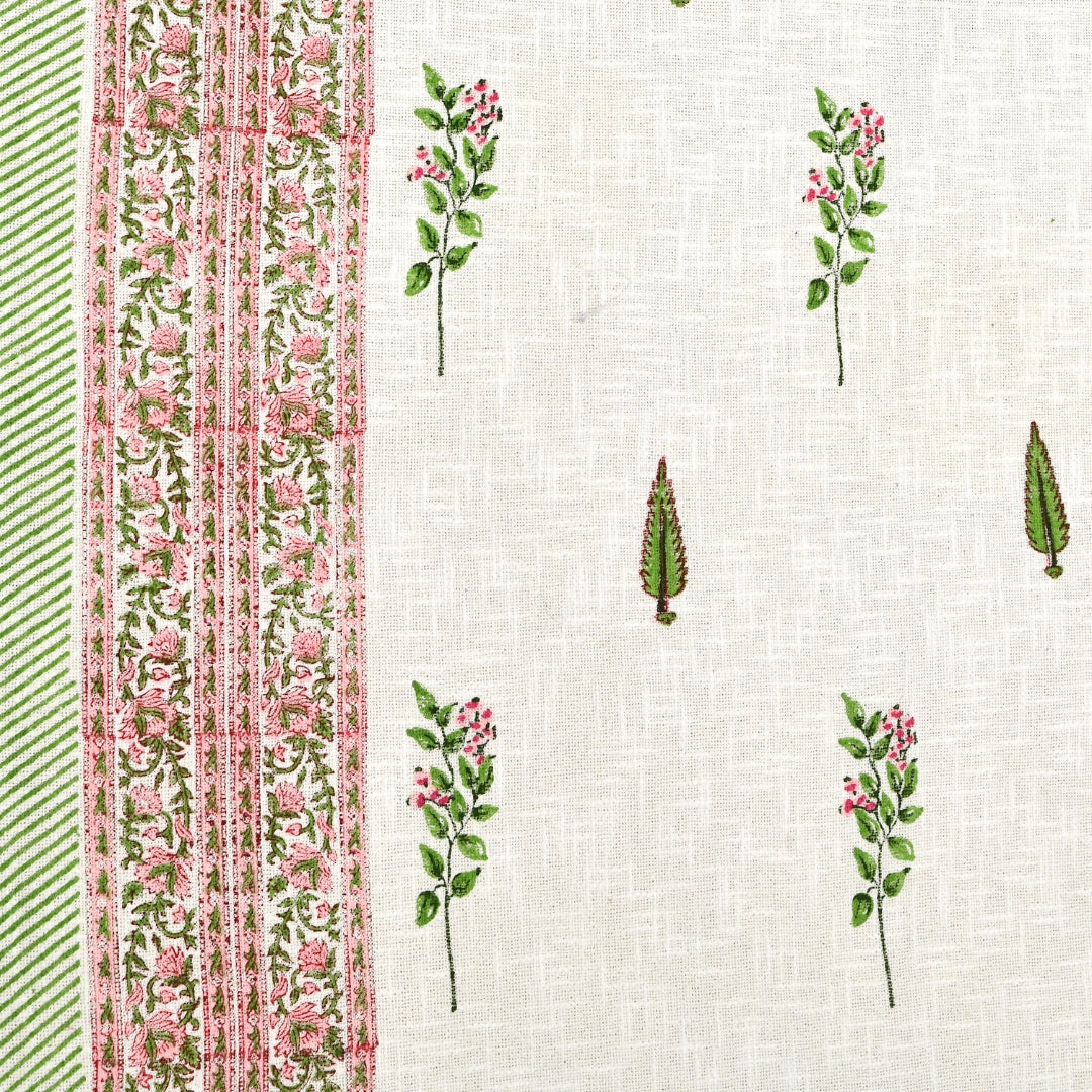 Green & Pink Botanical Block Print Double Bed Cover Set in TNT Fabric (Textured Natural Touch)