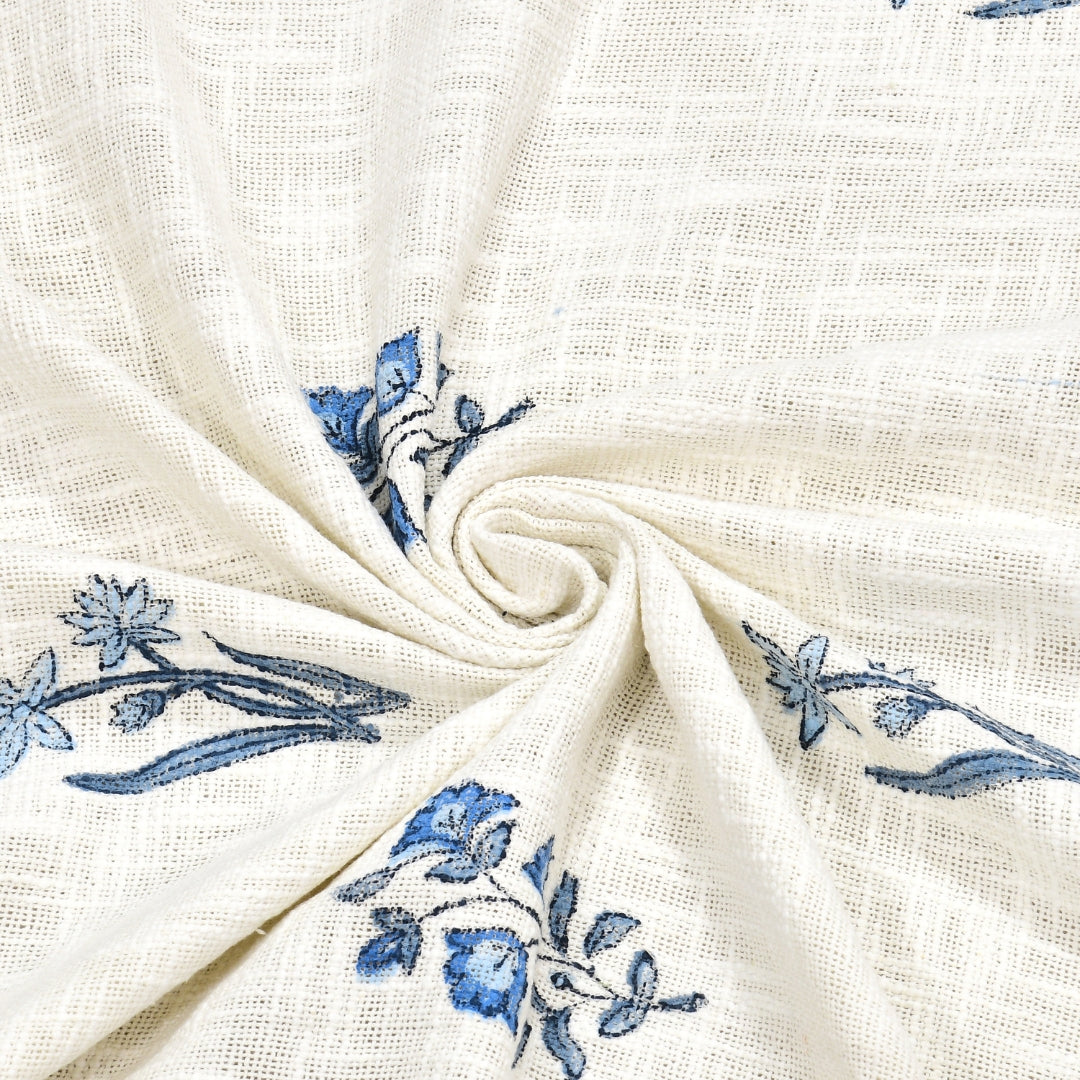 Blue Floral Motif Block Print Double Bed Cover Set in TNT Fabric (Textured Natural Touch)